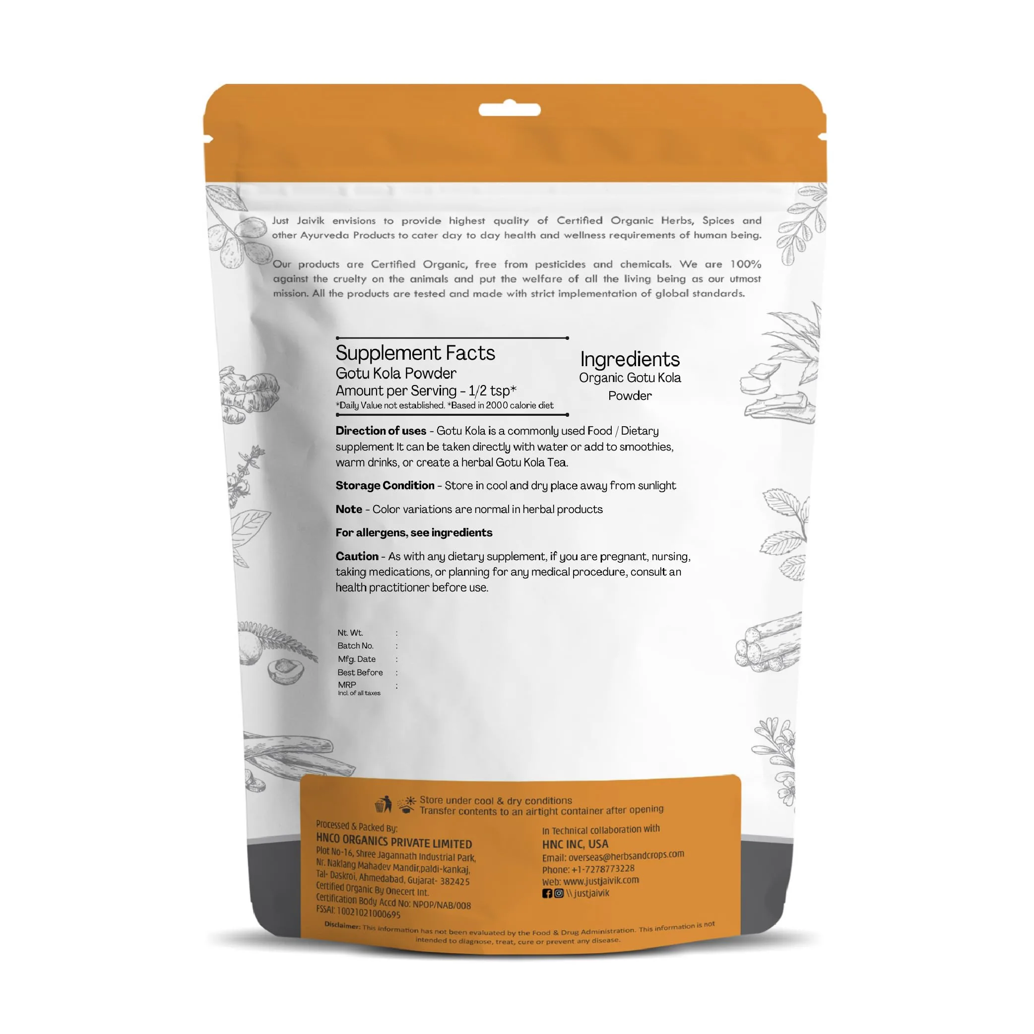 Just Jaivik Organic Gotu Kola Powder | Ayurvedic Brain & Focus Support | Natural Centella Asiatica-1