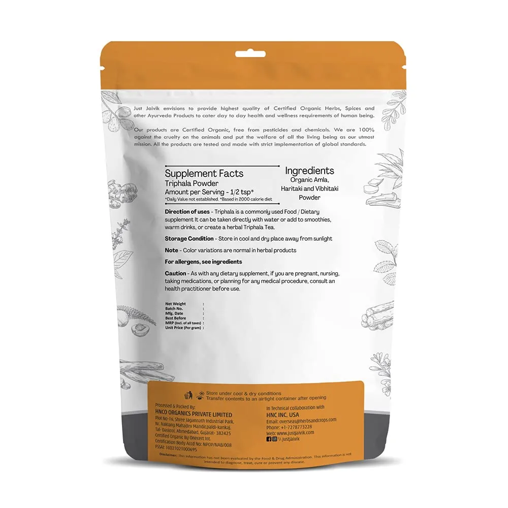 Just Jaivik Organic Triphala Powder | Certified Organic Ayurvedic Churna | Natural Digestive & Colon Cleanse Support-2