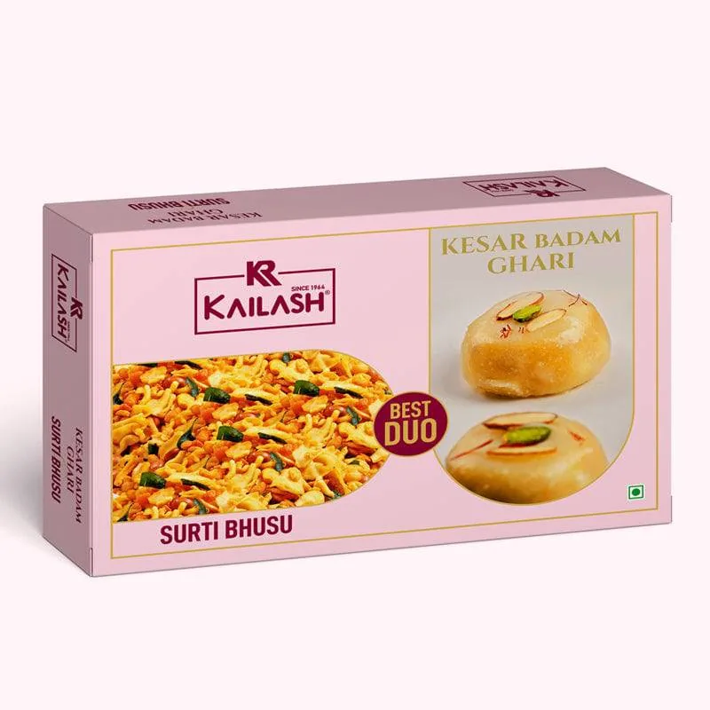 Kailash Sweets & Snacks Kesar Badam Ghari Surti Bhusu | Authentic Gujarati Sweet & Namkeen Combo | Traditional Festival Delicacy-1