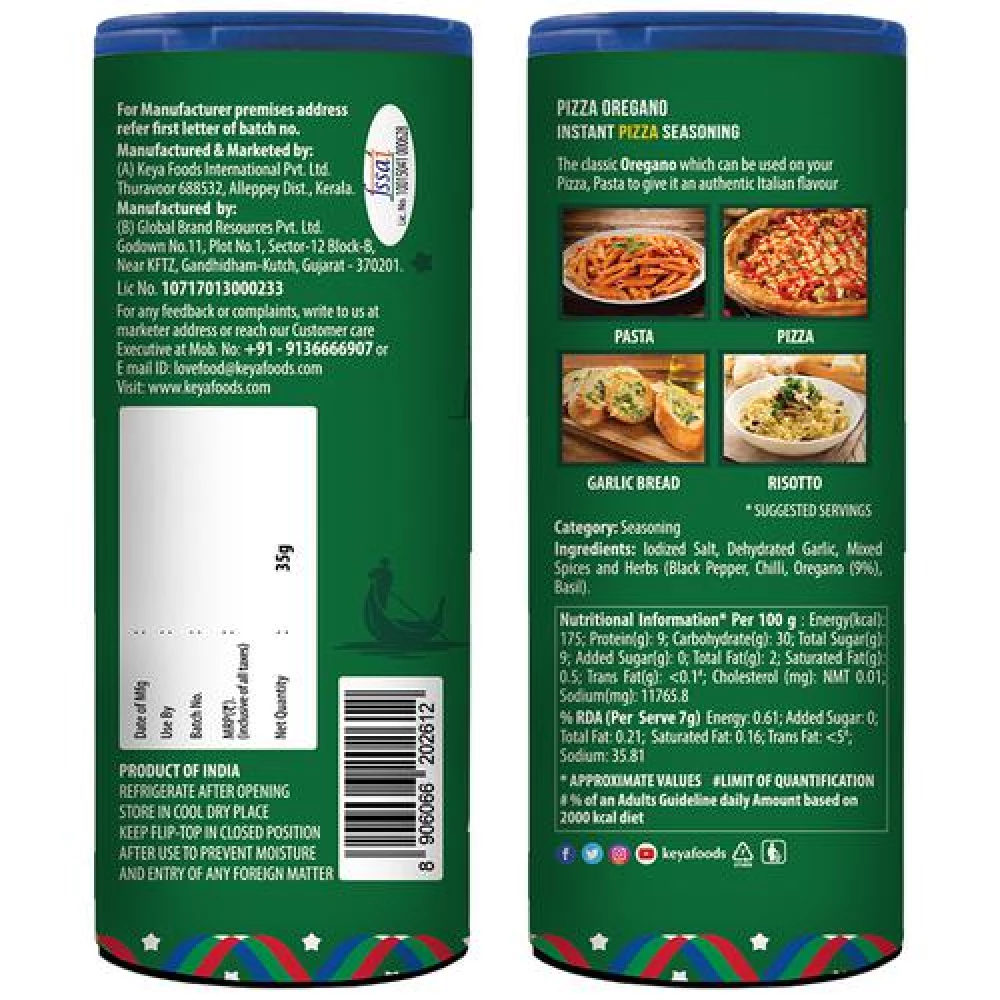 Keya Italian Pizza Oregano Pizza back side package - 35 gm