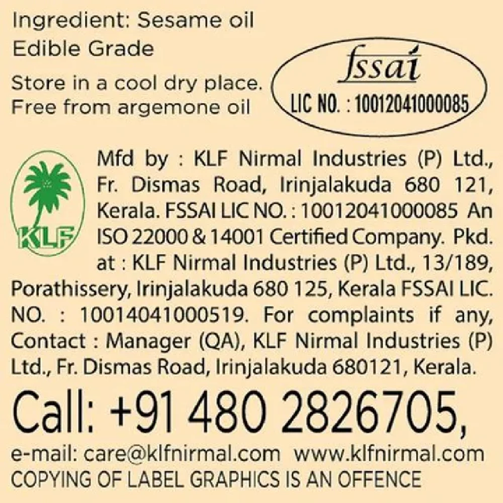 KLF Gingelly Oil - Tilnad 100% Pure Fssai Lic No.