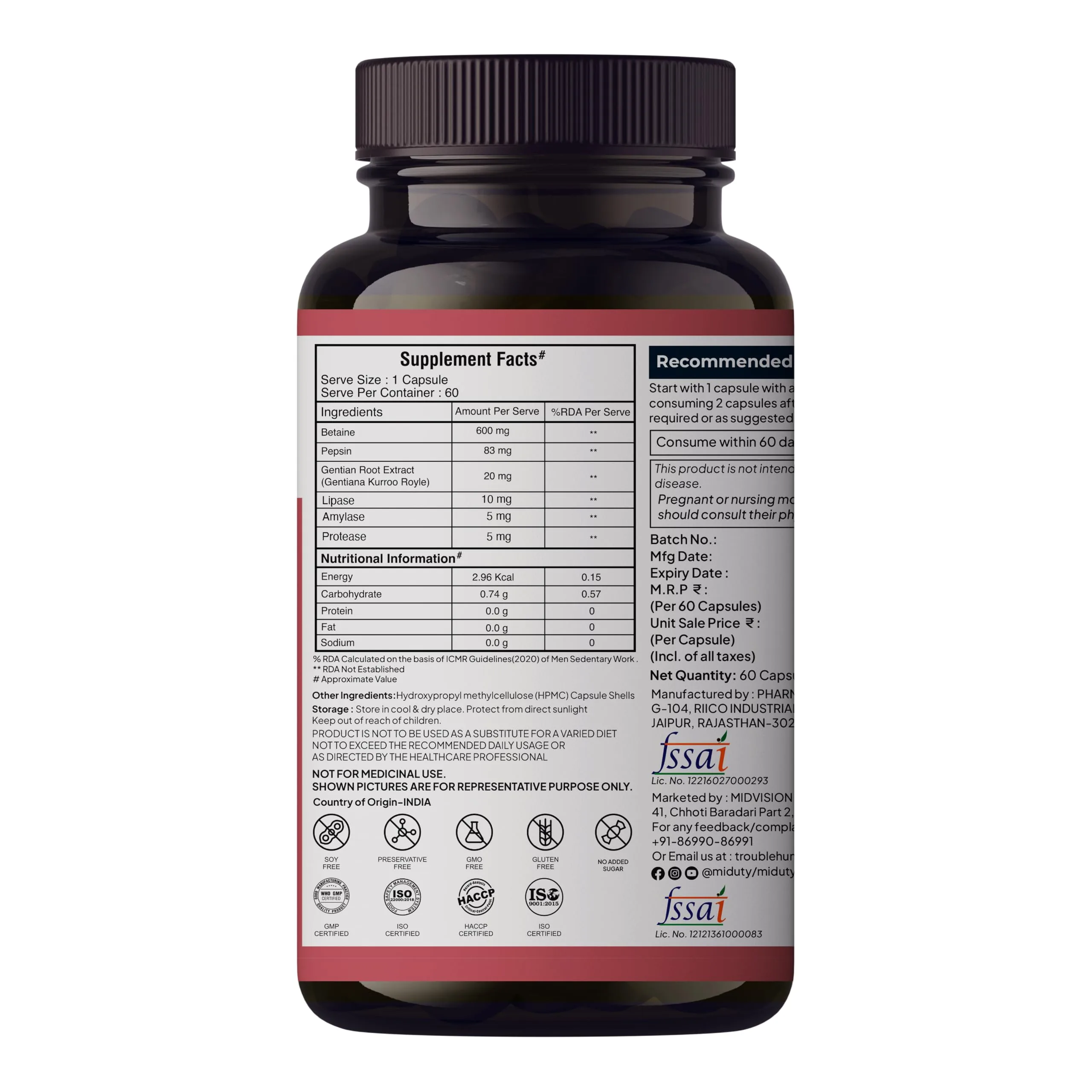 Miduty Betaine HCL + Pepsin Capsules | Digestive Support Supplement | Natural Stomach Acid & Gut Health Formula-2