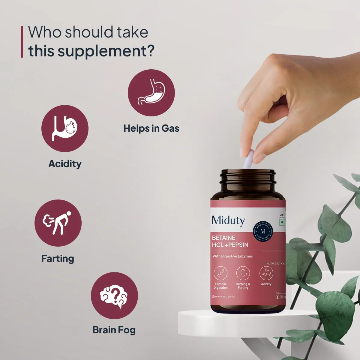 Miduty Betaine HCL + Pepsin Capsules | Digestive Support Supplement | Natural Stomach Acid & Gut Health Formula-5