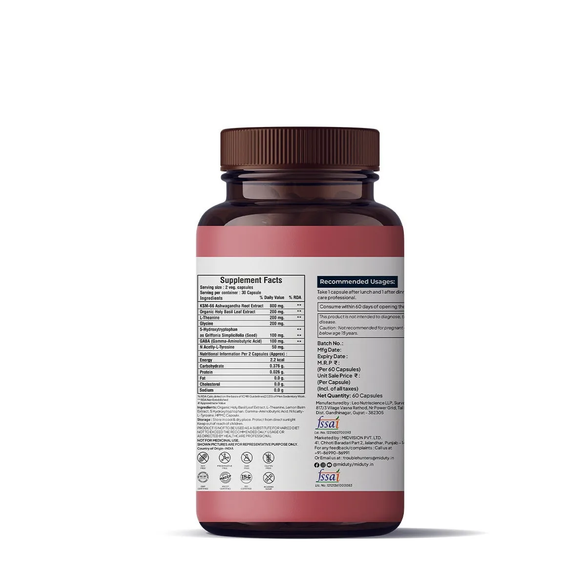 Miduty by Palak Notes Anxiety + Anger + Mood + Calm | Natural Stress Relief Supplement | Formulated with KSM-66 Ashwagandha & GABA-2