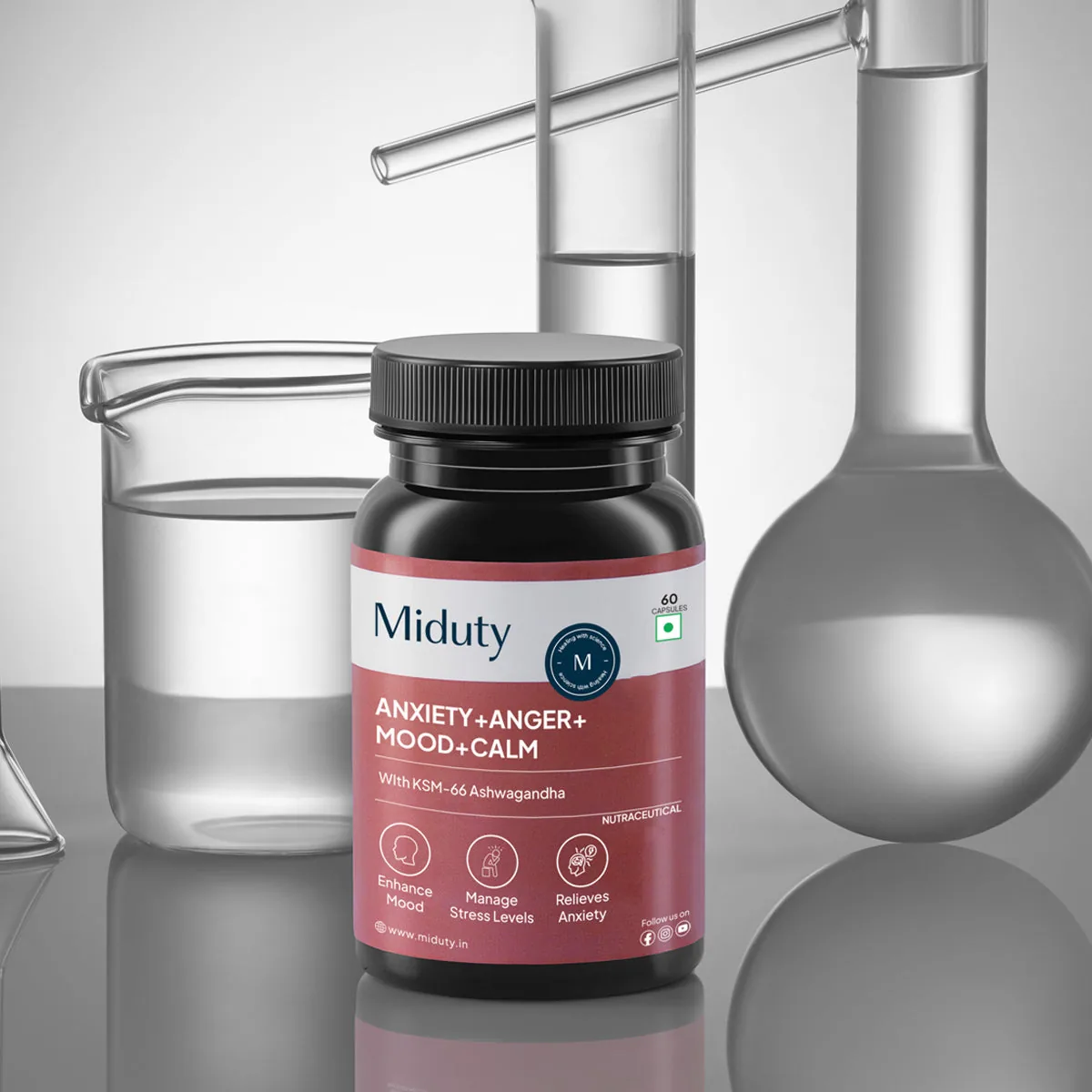 Miduty by Palak Notes Anxiety + Anger + Mood + Calm | Natural Stress Relief Supplement | Formulated with KSM-66 Ashwagandha & GABA-3