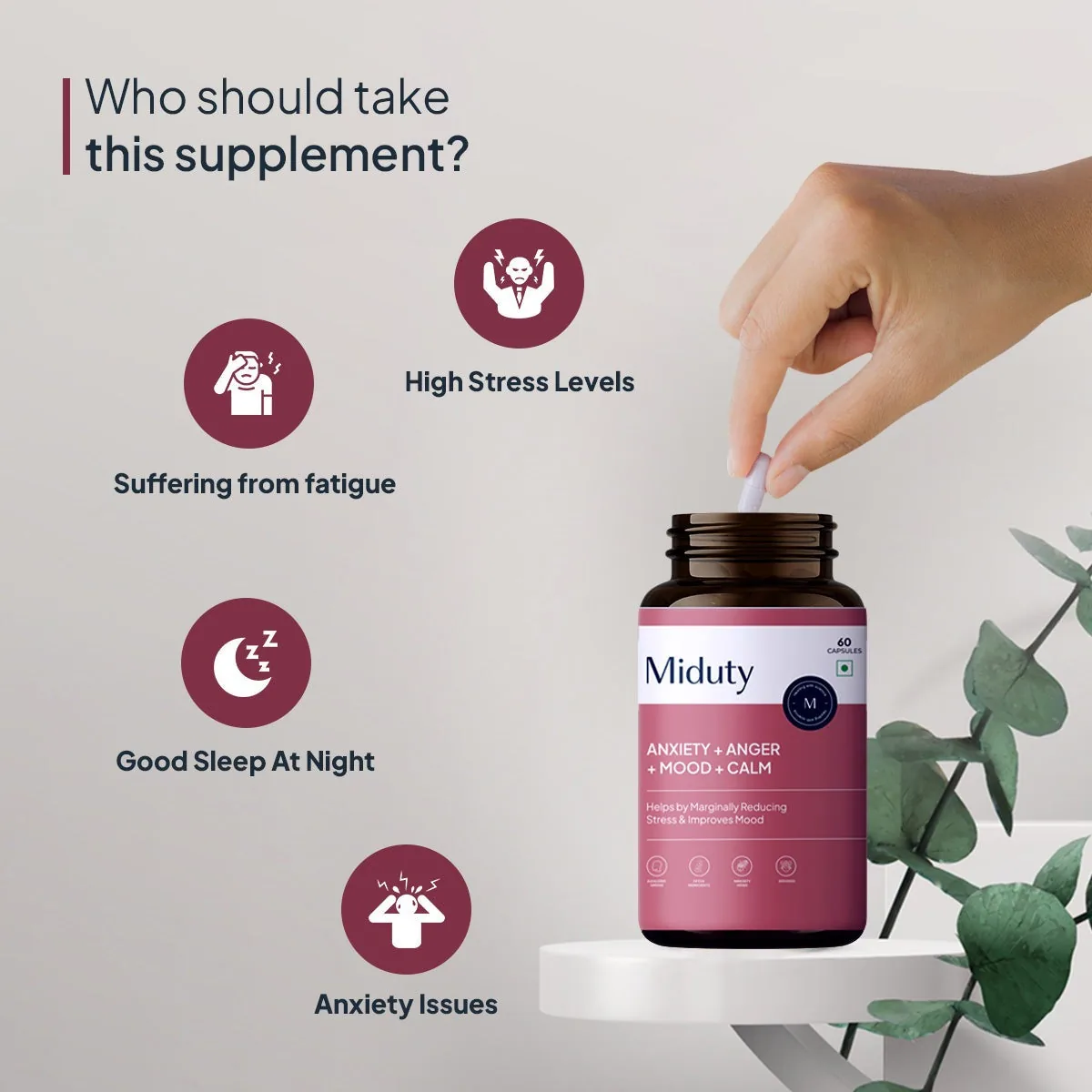 Miduty by Palak Notes Anxiety + Anger + Mood + Calm | Natural Stress Relief Supplement | Formulated with KSM-66 Ashwagandha & GABA-4