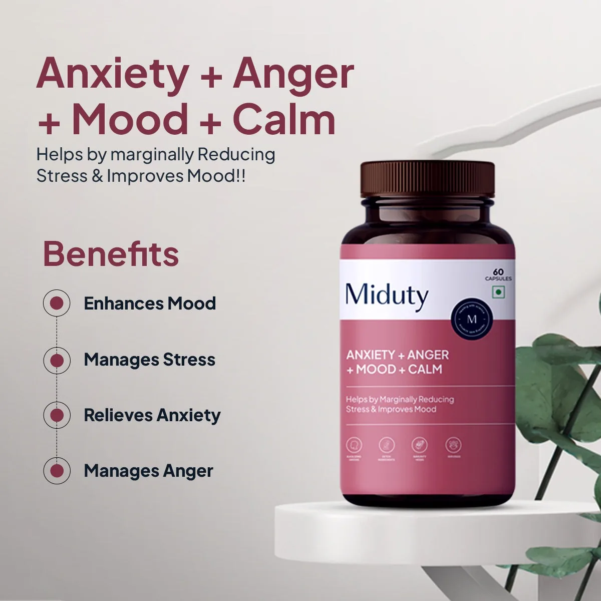 Miduty by Palak Notes Anxiety + Anger + Mood + Calm | Natural Stress Relief Supplement | Formulated with KSM-66 Ashwagandha & GABA-5
