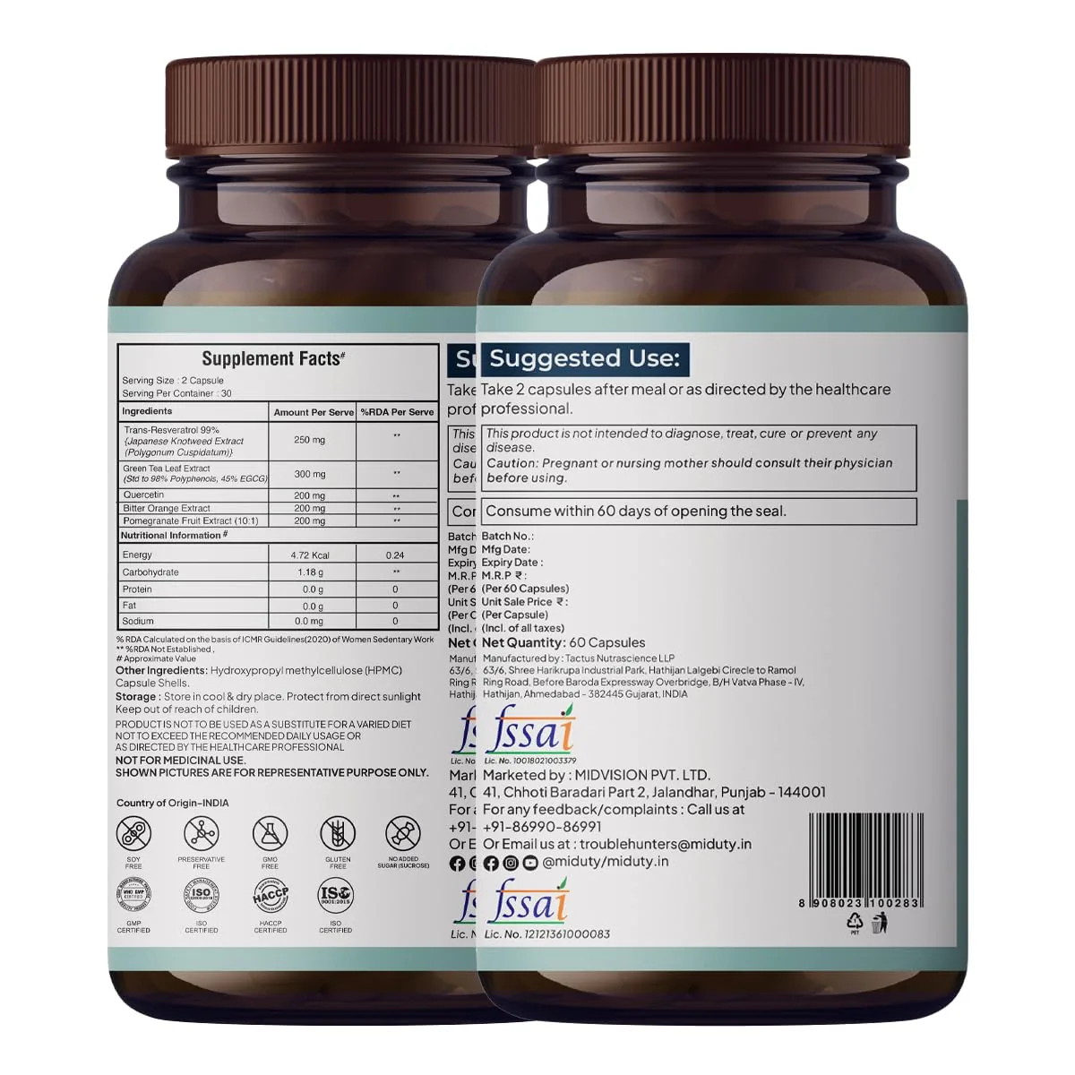 Miduty Smart Aging Capsules | Trans-Resveratrol 99% Supplement | Cellular Health & Longevity Support-8
