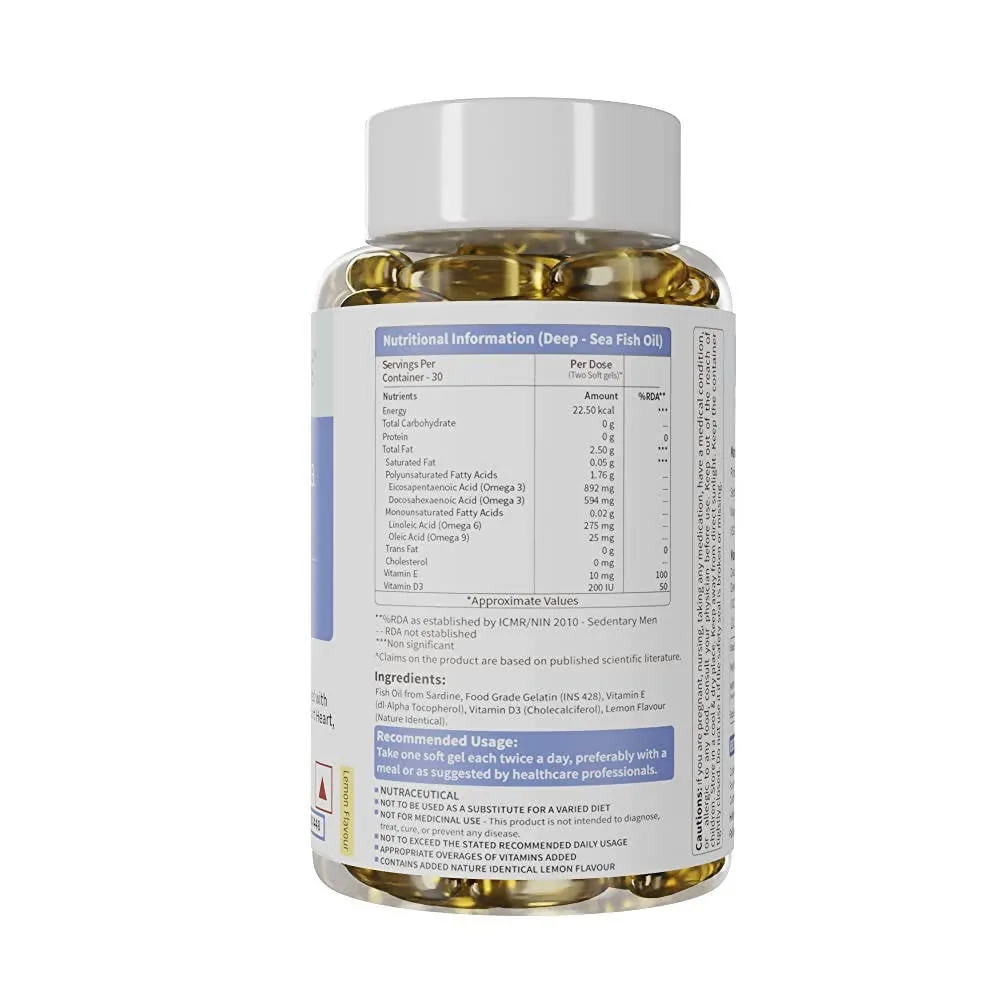 Neuherbs Deep-Sea Omega 3 Fish Oil Softgels | Triple Strength EPA & DHA | Lemon Flavored Joint & Heart Support-2