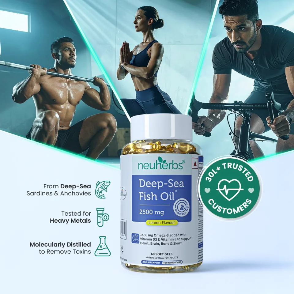Neuherbs Deep-Sea Omega 3 Fish Oil Softgels | Triple Strength EPA & DHA | Lemon Flavored Joint & Heart Support-3