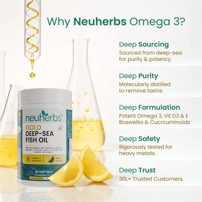Neuherbs Deep-Sea Omega 3 Fish Oil Softgels | Triple Strength EPA & DHA | Lemon Flavored Joint & Heart Support-4