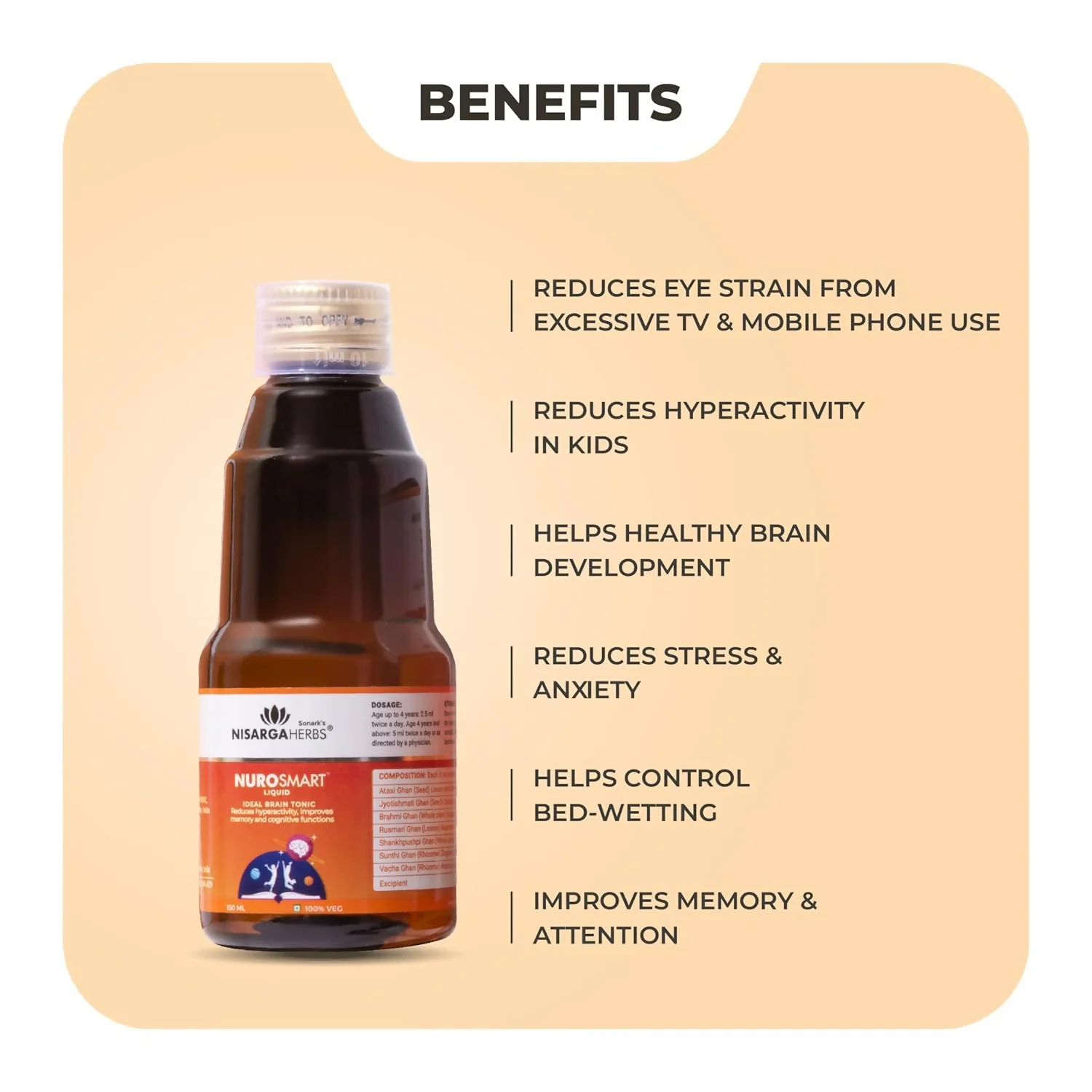 Nisarga Herbs Nurosmart Brain Booster Syrup For Kids | Ayurvedic Cognitive Tonic | Supports Memory and Focus-1