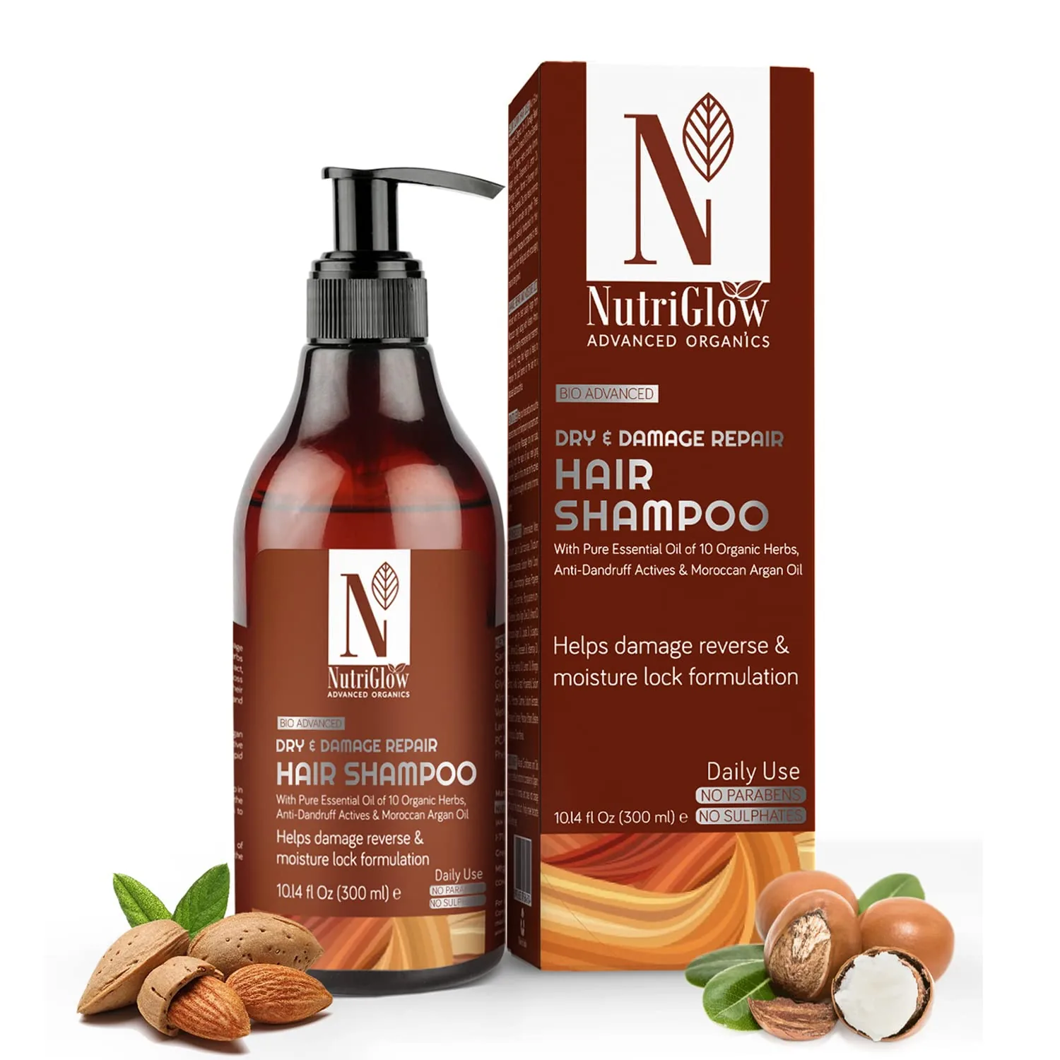 NutriGlow Advanced Organics Bio Advanced Dry and Damage Repair Hair Shampoo | Hair Nourishing Formula | Moisture Lock with Almond & Tea Tree Oils 300 ml