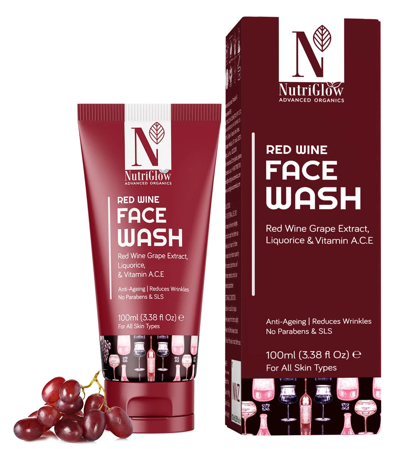NutriGlow Advanced Organics Red Wine Face Wash | Anti-Aging Cleanser | Glowing Skin Formula 100 ml