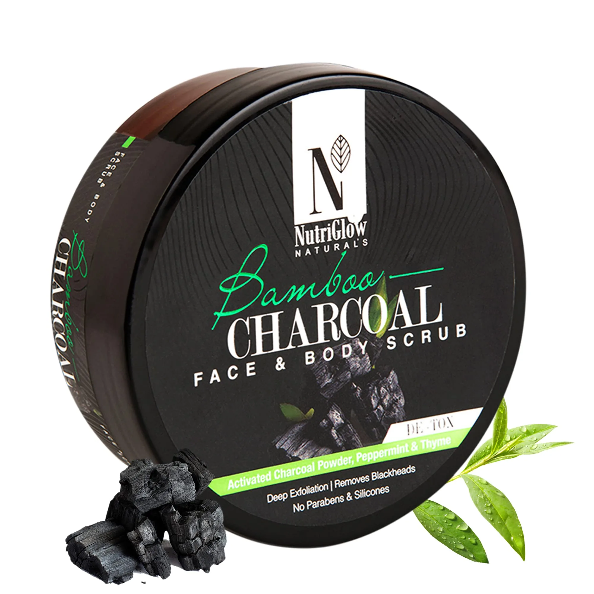 NutriGlow NATURAL'S Bamboo Charcoal Face & Body Scrub | Gentle Exfoliator & Skin Polisher | Deep Cleansing & Blackhead Removal 200 ml