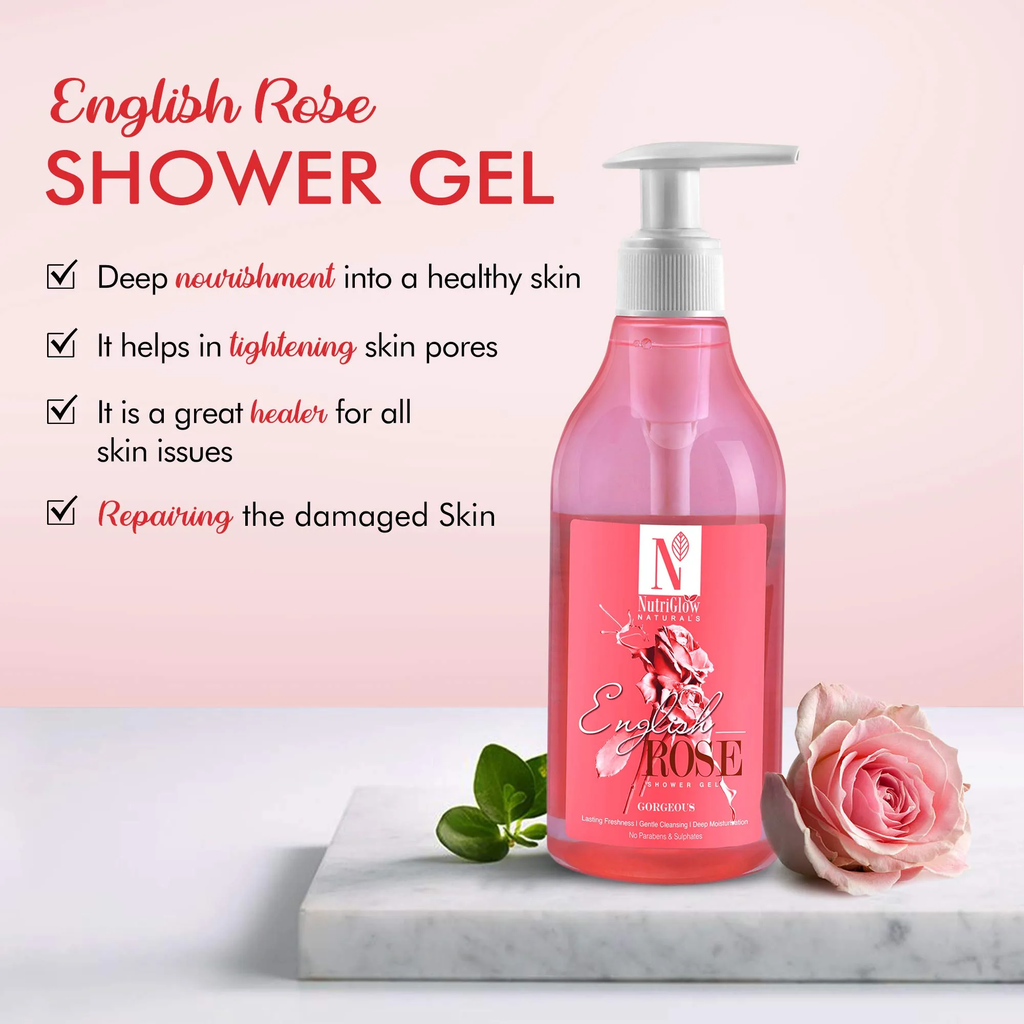 NutriGlow NATURAL'S English Rose Shower Gel | Gentle Body Wash | Mulberry Extract for Long Lasting Freshness-3