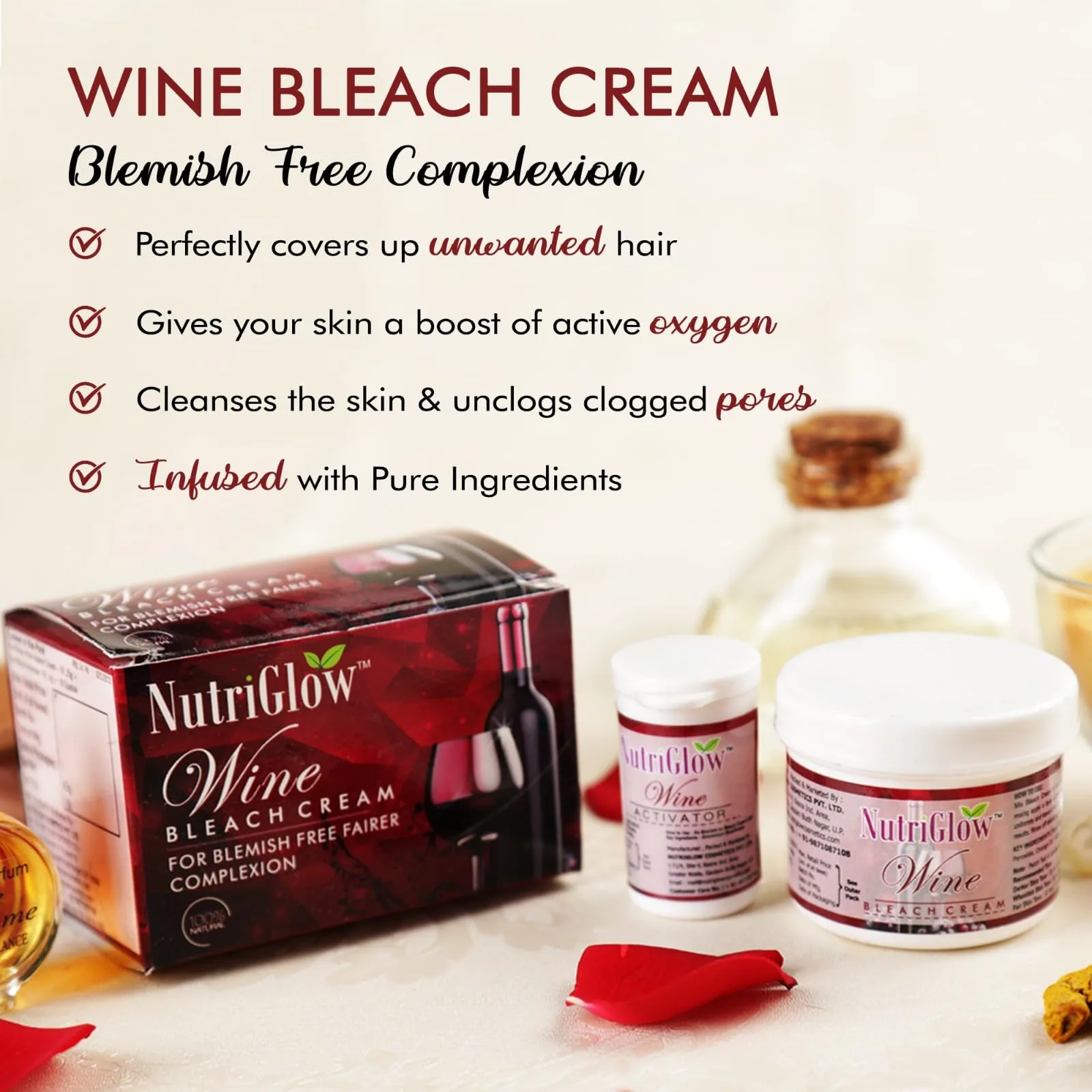NutriGlow Wine Bleach Cream | Facial Hair Lightening & Tan Removal Cream | With Grape Extracts-3