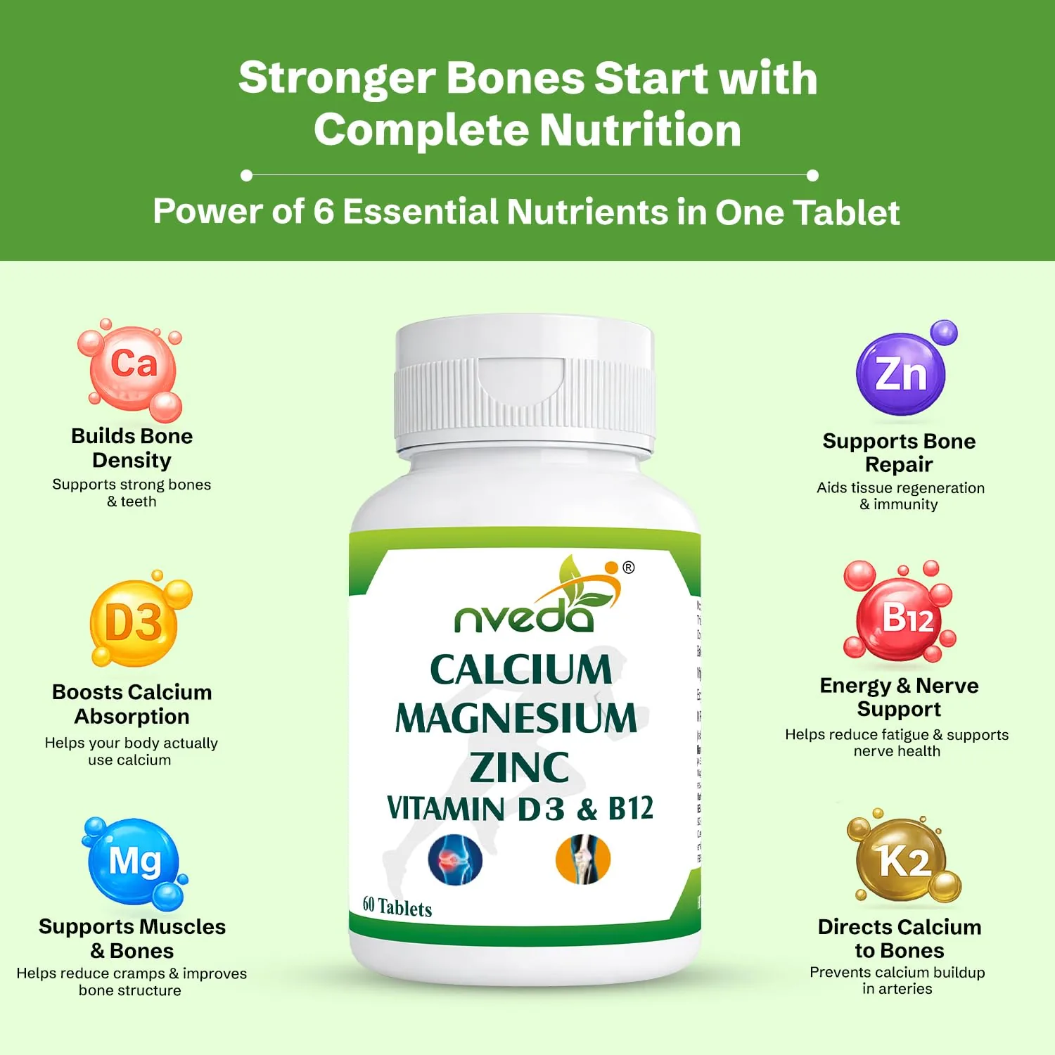Nveda Calcium Magnesium Zinc Vitamin D3 & B12 Tablets | Bone & Joint Health Supplement | Vegetarian Formula-6