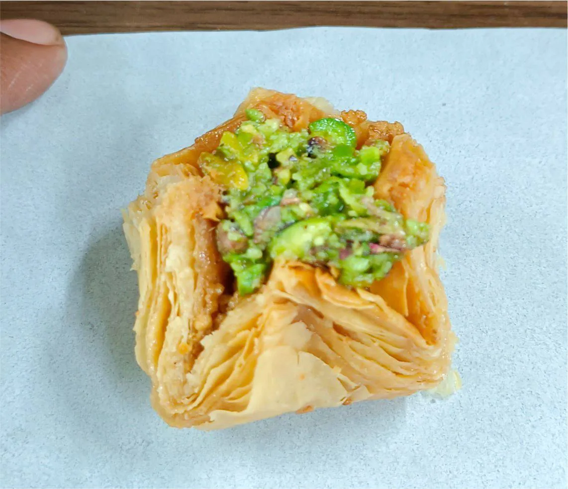 Olive Mithai Shop Pista Piramid Baklawa | Layered Pistachio Sweet | Authentic Hyderabadi Confection