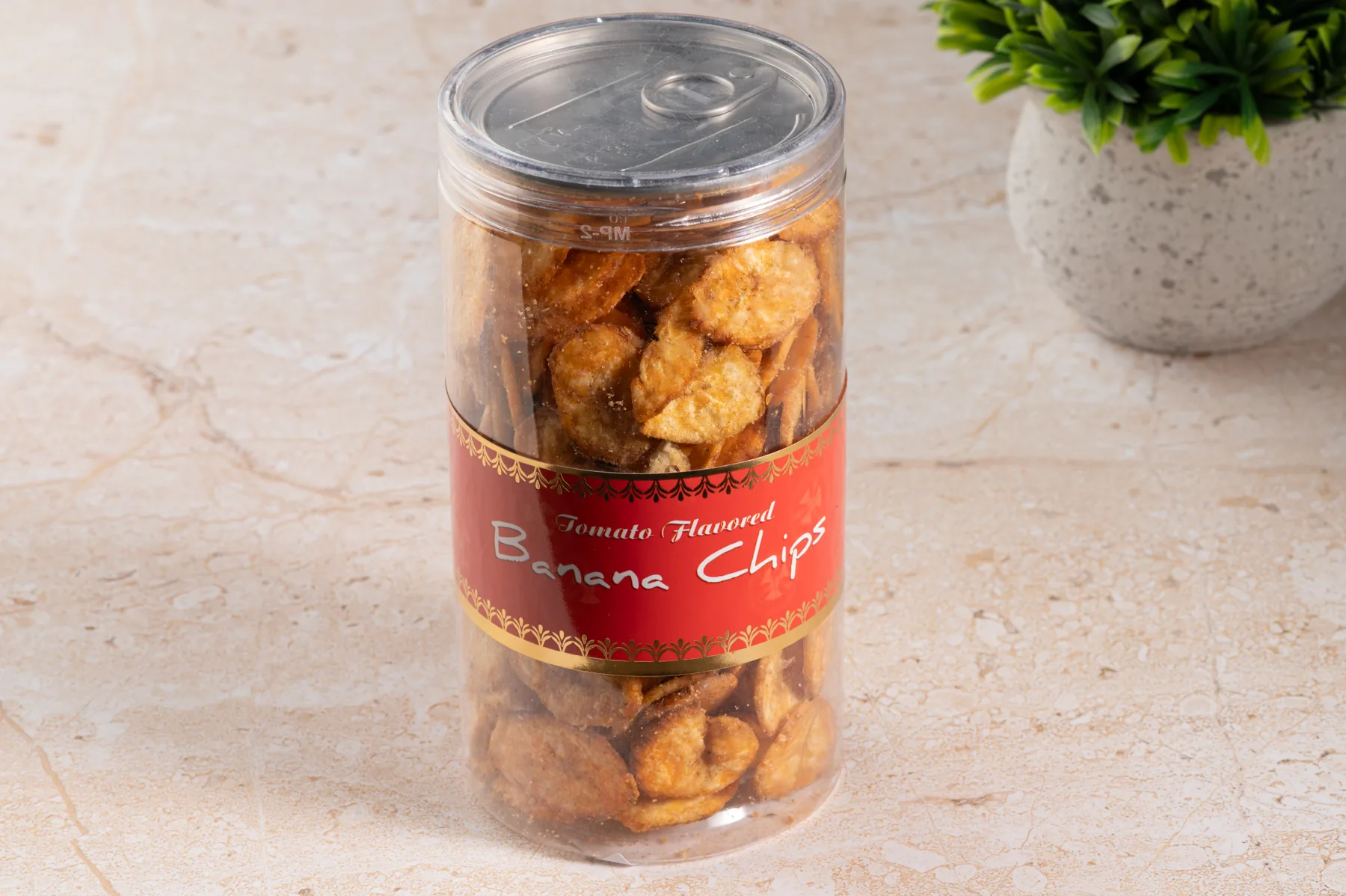 Om Sweets & Snacks Tangy Tomato Banana Chips | Crispy Raw Banana Wafers | Zesty Masala Spice 180 gm