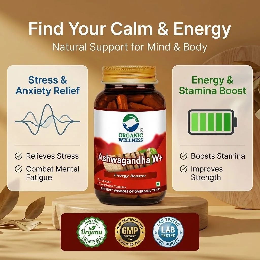 Organic Wellness Ashwagandha W+ Capsules | Natural Adaptogen Supplement | Stress Relief & Vitality Support-3