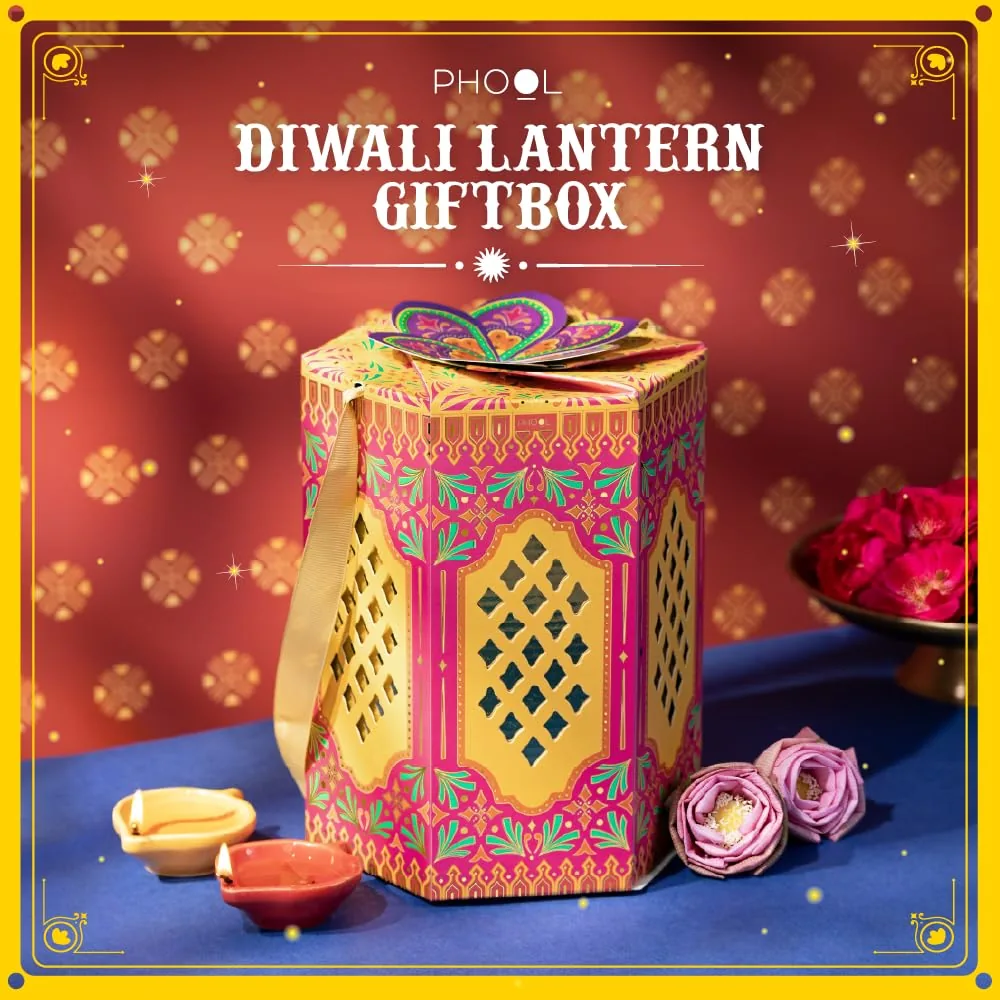 Phool 13 Item Diwali Lantern Gift Box with Ceramic Diya, Chocolate Ladoo, Chikky, T-Light Lantern, Candles, Incense, Hawan Cups, Oil Burner & Oil-2