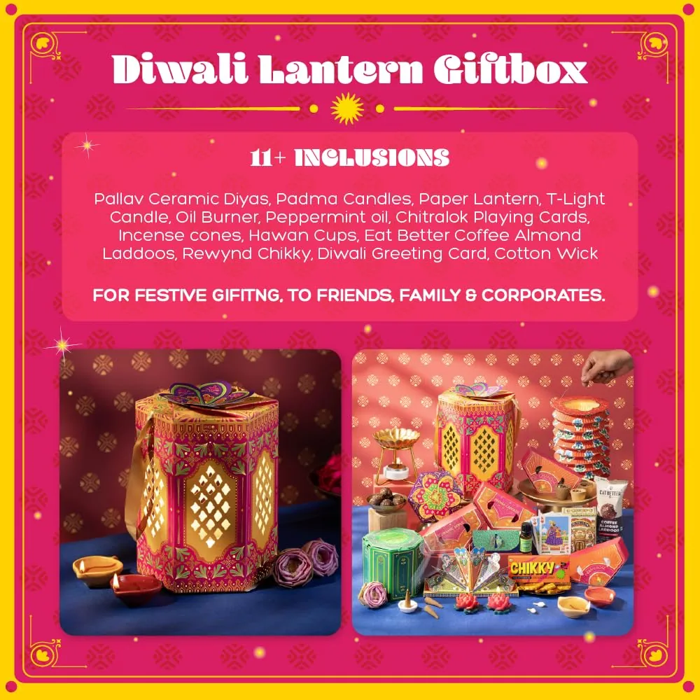 Phool 13 Item Diwali Lantern Gift Box with Ceramic Diya, Chocolate Ladoo, Chikky, T-Light Lantern, Candles, Incense, Hawan Cups, Oil Burner & Oil-3