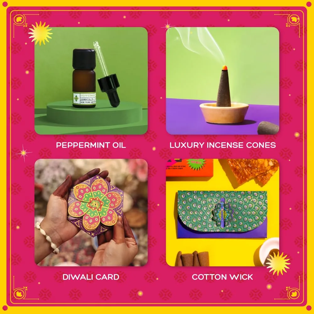 Phool 13 Item Diwali Lantern Gift Box with Ceramic Diya, Chocolate Ladoo, Chikky, T-Light Lantern, Candles, Incense, Hawan Cups, Oil Burner & Oil-4