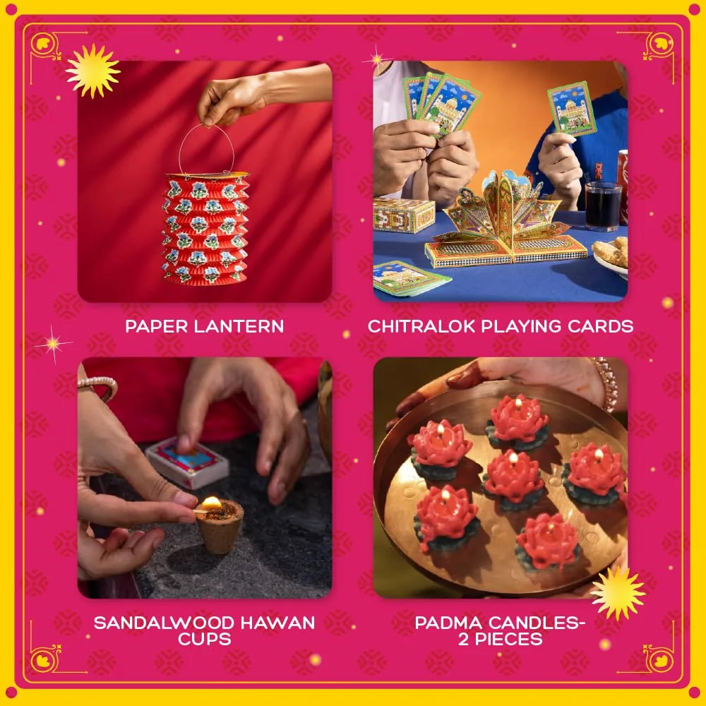 Phool 13 Item Diwali Lantern Gift Box with Ceramic Diya, Chocolate Ladoo, Chikky, T-Light Lantern, Candles, Incense, Hawan Cups, Oil Burner & Oil-5