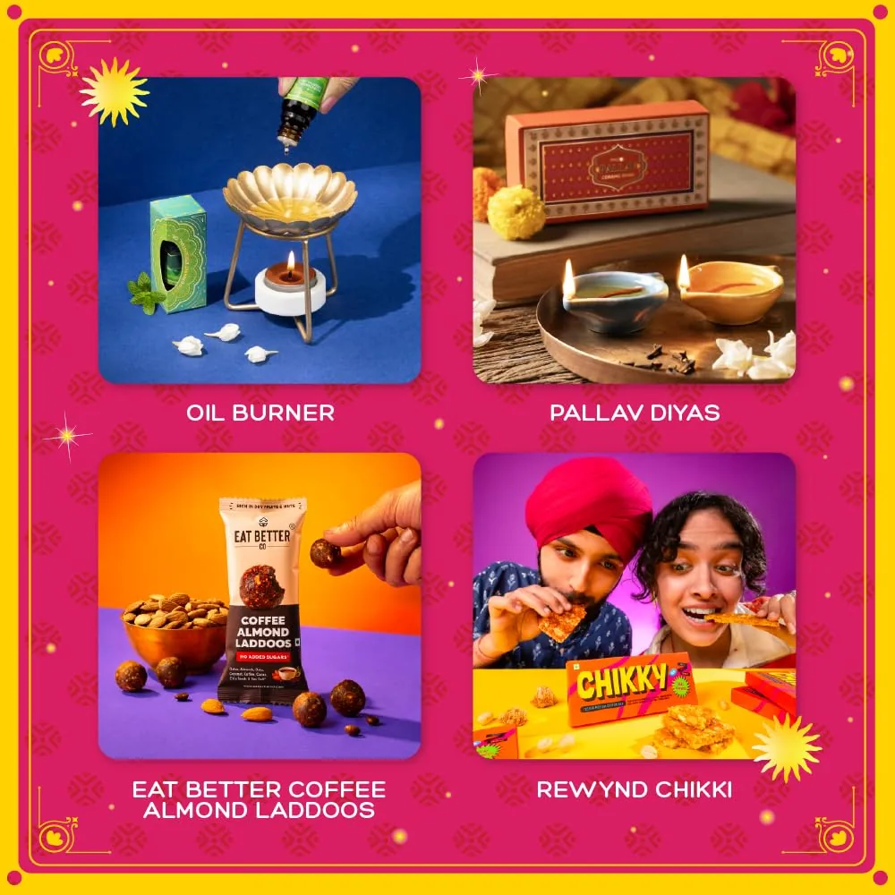 Phool 13 Item Diwali Lantern Gift Box with Ceramic Diya, Chocolate Ladoo, Chikky, T-Light Lantern, Candles, Incense, Hawan Cups, Oil Burner & Oil-6