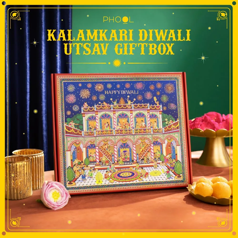 Phool 15 Item Kalamkari Diwali Utsav Gift Box Ladoo, Chikky, Laxmi Charan, Incense, Havan Cup, Candles, Diya and Decor, Premium Diwali Gift Hamper-2