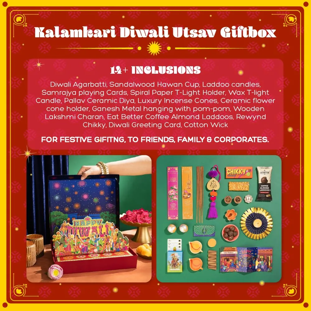 Phool 15 Item Kalamkari Diwali Utsav Gift Box Ladoo, Chikky, Laxmi Charan, Incense, Havan Cup, Candles, Diya and Decor, Premium Diwali Gift Hamper-3