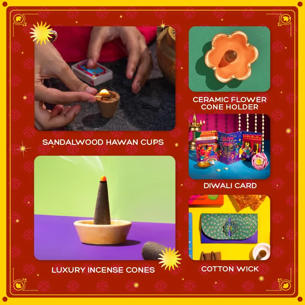 Phool 15 Item Kalamkari Diwali Utsav Gift Box Ladoo, Chikky, Laxmi Charan, Incense, Havan Cup, Candles, Diya and Decor, Premium Diwali Gift Hamper-4