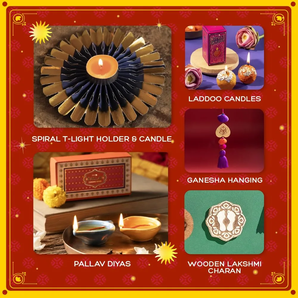 Phool 15 Item Kalamkari Diwali Utsav Gift Box Ladoo, Chikky, Laxmi Charan, Incense, Havan Cup, Candles, Diya and Decor, Premium Diwali Gift Hamper-5