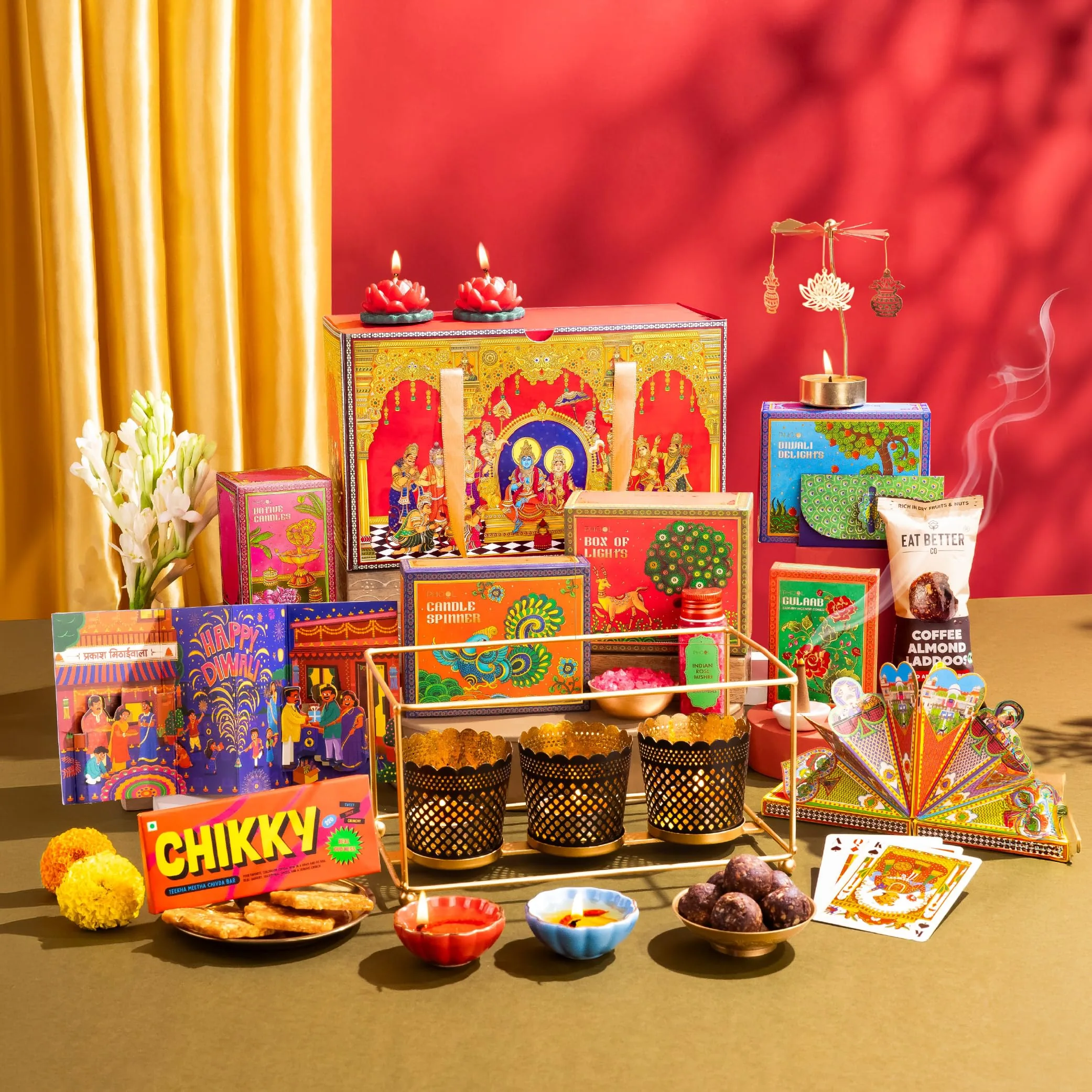 Phool 13 Item Ram Darbar Diwali Gift Box 2026 | Ladoo, Chikky, Votive Set, Diyas, Candles, Rose Mishri, Playing Cards | Premium Diwali Hamper for Home Decor, Corporate and Family Gifting 1.1 Kg