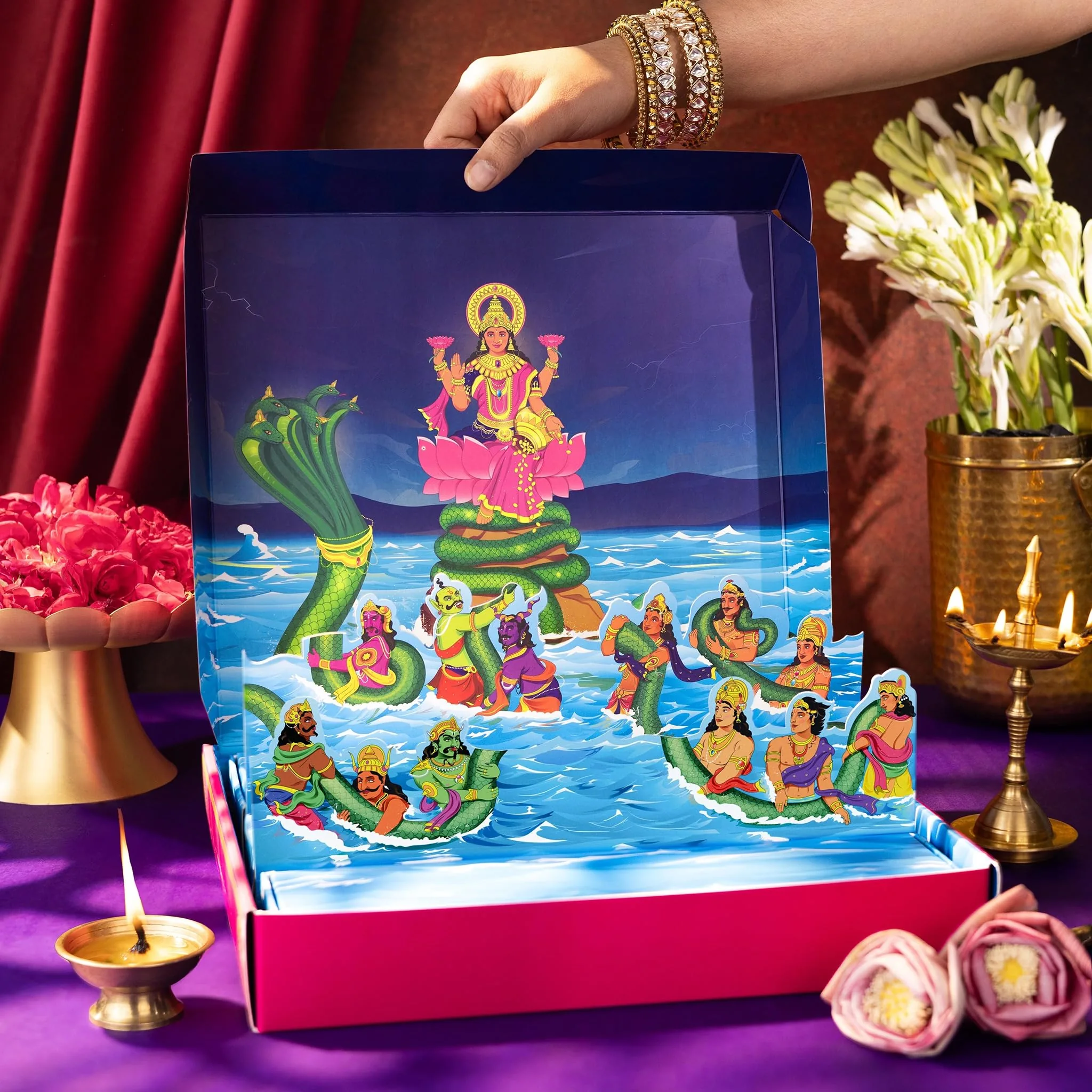 Phool 15 Item Samudra Manthan Lakshmi Diwali Gift Box with Chocloate Ladoo, Bombay Chikky, Diya, Candles, Incense, Poojan Kit-2