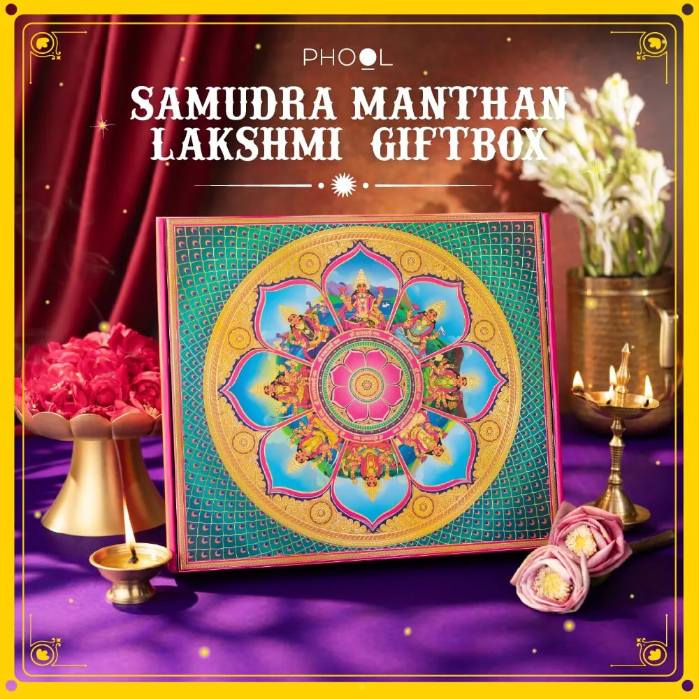 Phool 15 Item Samudra Manthan Lakshmi Diwali Gift Box with Chocloate Ladoo, Bombay Chikky, Diya, Candles, Incense, Poojan Kit-3