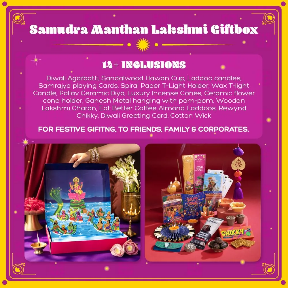 Phool 15 Item Samudra Manthan Lakshmi Diwali Gift Box with Chocloate Ladoo, Bombay Chikky, Diya, Candles, Incense, Poojan Kit-4