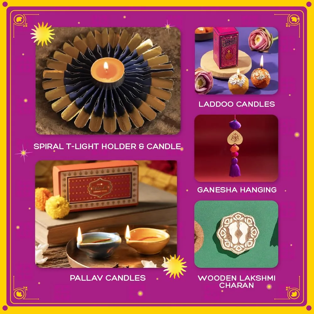Phool 15 Item Samudra Manthan Lakshmi Diwali Gift Box with Chocloate Ladoo, Bombay Chikky, Diya, Candles, Incense, Poojan Kit-5