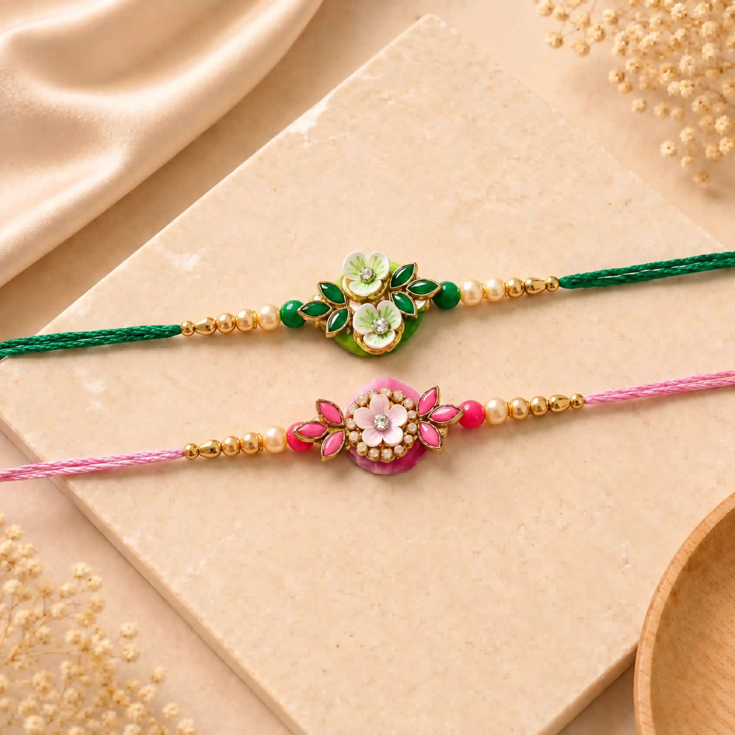 Pink and Green Flower Rakhis