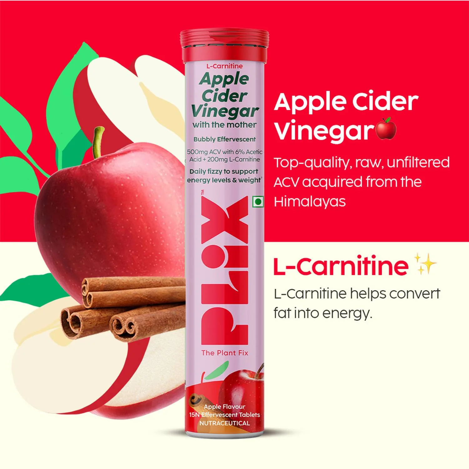 PLIX The Plant Fix L-Carnitine ACV Effervescent Tablets | Apple Burst Flavor | Metabolism & Energy Support-5