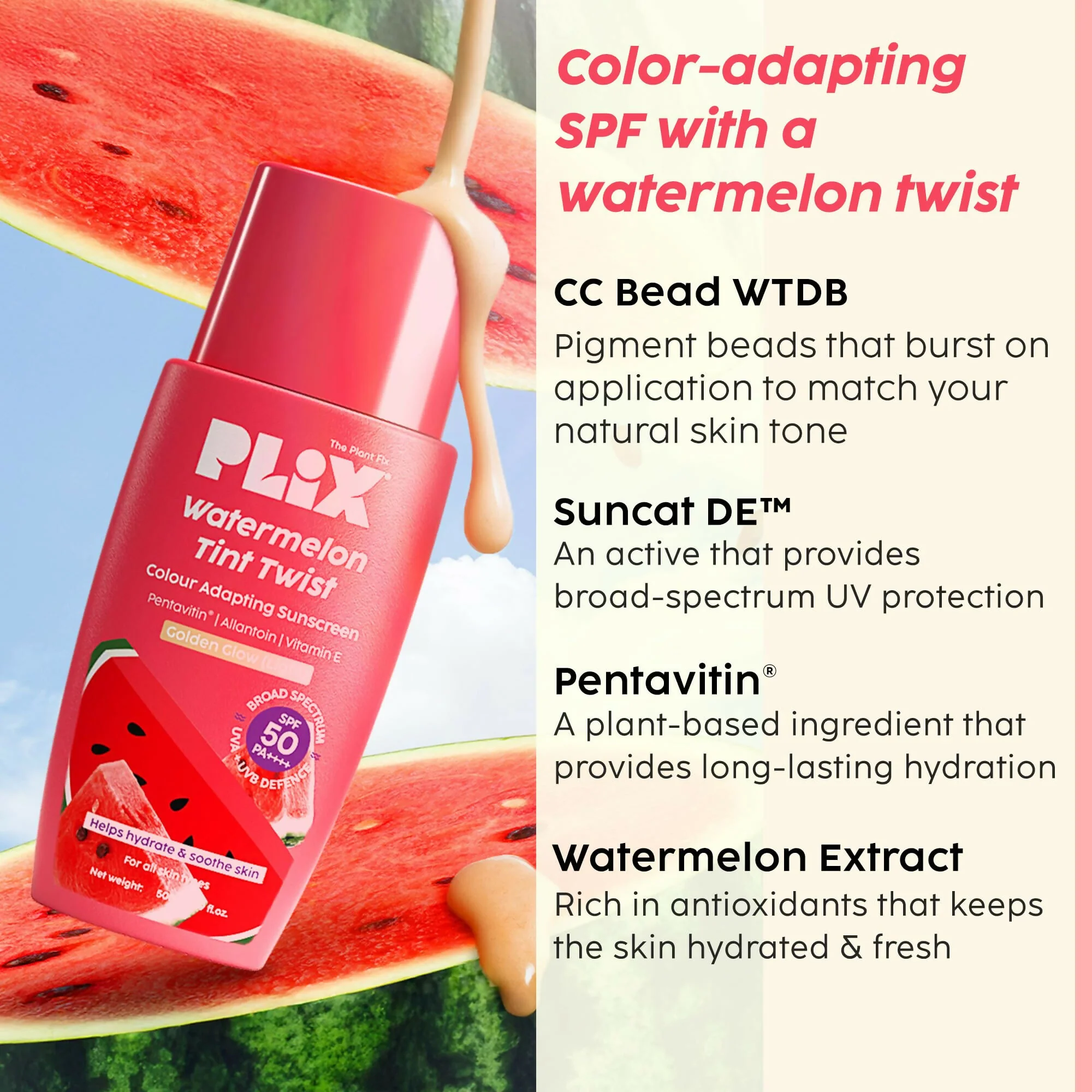 PLIX The Plant Fix Watermelon Tint Twist Color-Adapting Sunscreen | Lightweight Daily Sunscreen | Instant Glow and Light Coverage-2