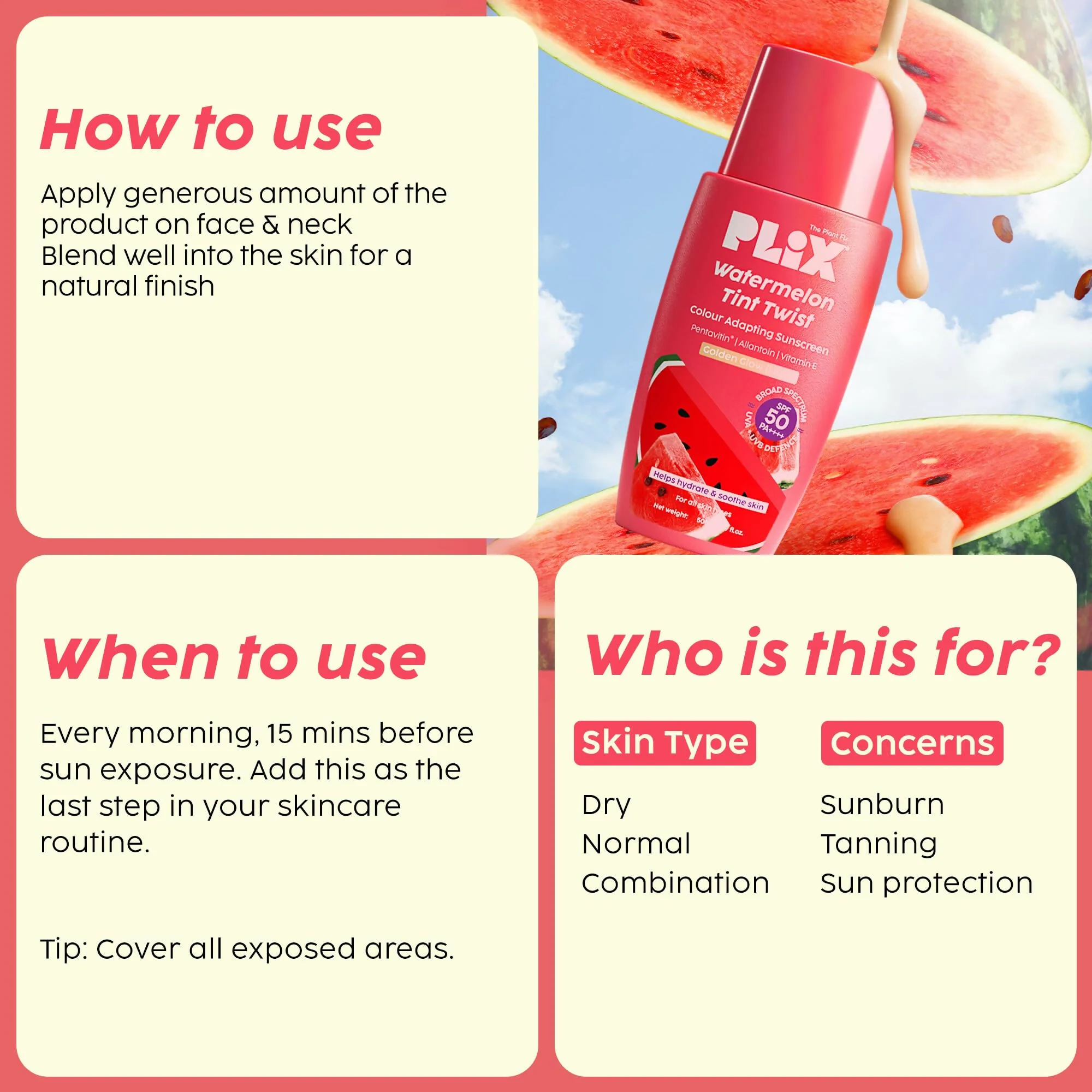 PLIX The Plant Fix Watermelon Tint Twist Color-Adapting Sunscreen | Lightweight Daily Sunscreen | Instant Glow and Light Coverage-3