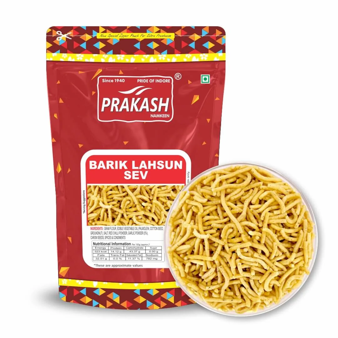 Prakash Namkeen Barik Lahsun Sev | Fine Garlic Sev | Authentic Indori Snack 250 gm