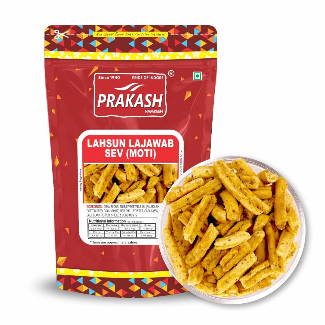 Prakash Namkeen Lahsun Lajawab Sev Moti | Indori Garlic Sev | Crispy Thick Gram Flour Snack 250 gm