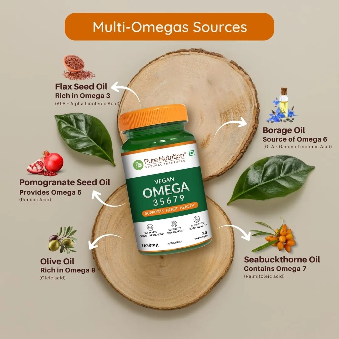 Pure Nutrition Omega 3-5-6-7-9 | Plant-Based Vegan Softgels | Complete Essential Fatty Acids for Heart & Brain Health-4