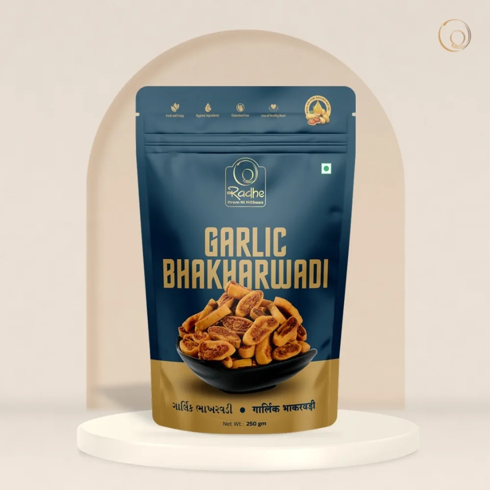 Radhe Prem Ki Mithaas Garlic Bhakharwadi | Crispy Gujarati Pinwheel Namkeen | Authentic Garlic Spice Mix 250 gm