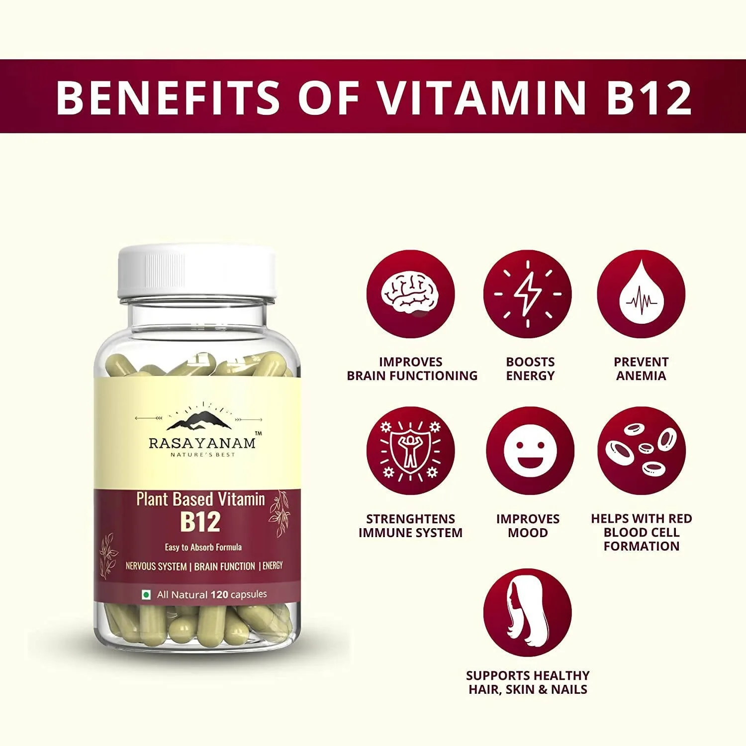 Rasayanam Plant Based Vitamin B12 Capsules | Vegan Methylcobalamin Supplement | Enriched with 7 Superfoods for Energy & Nerve Support-4