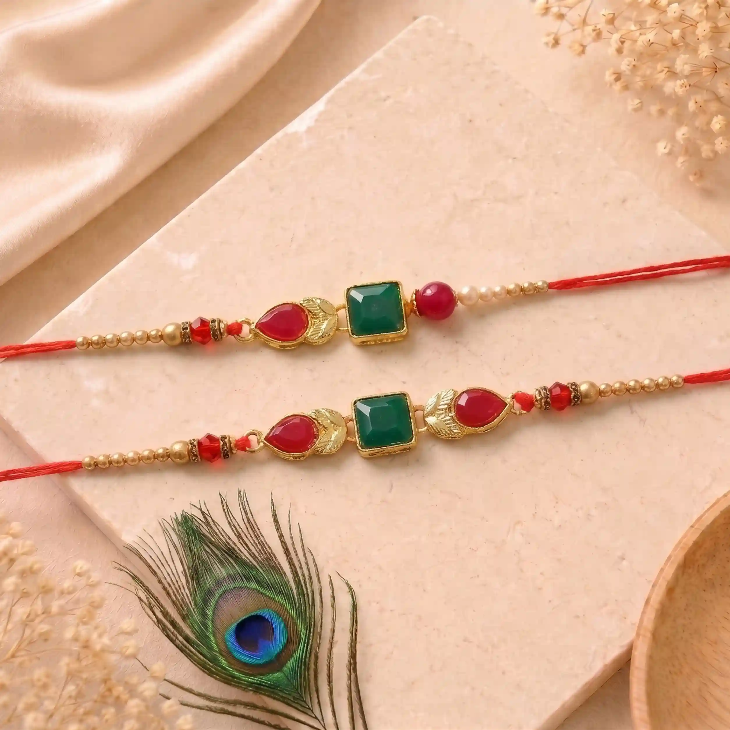 Red & Green Kundan Studded Bhaiya Bhabi Rakhi