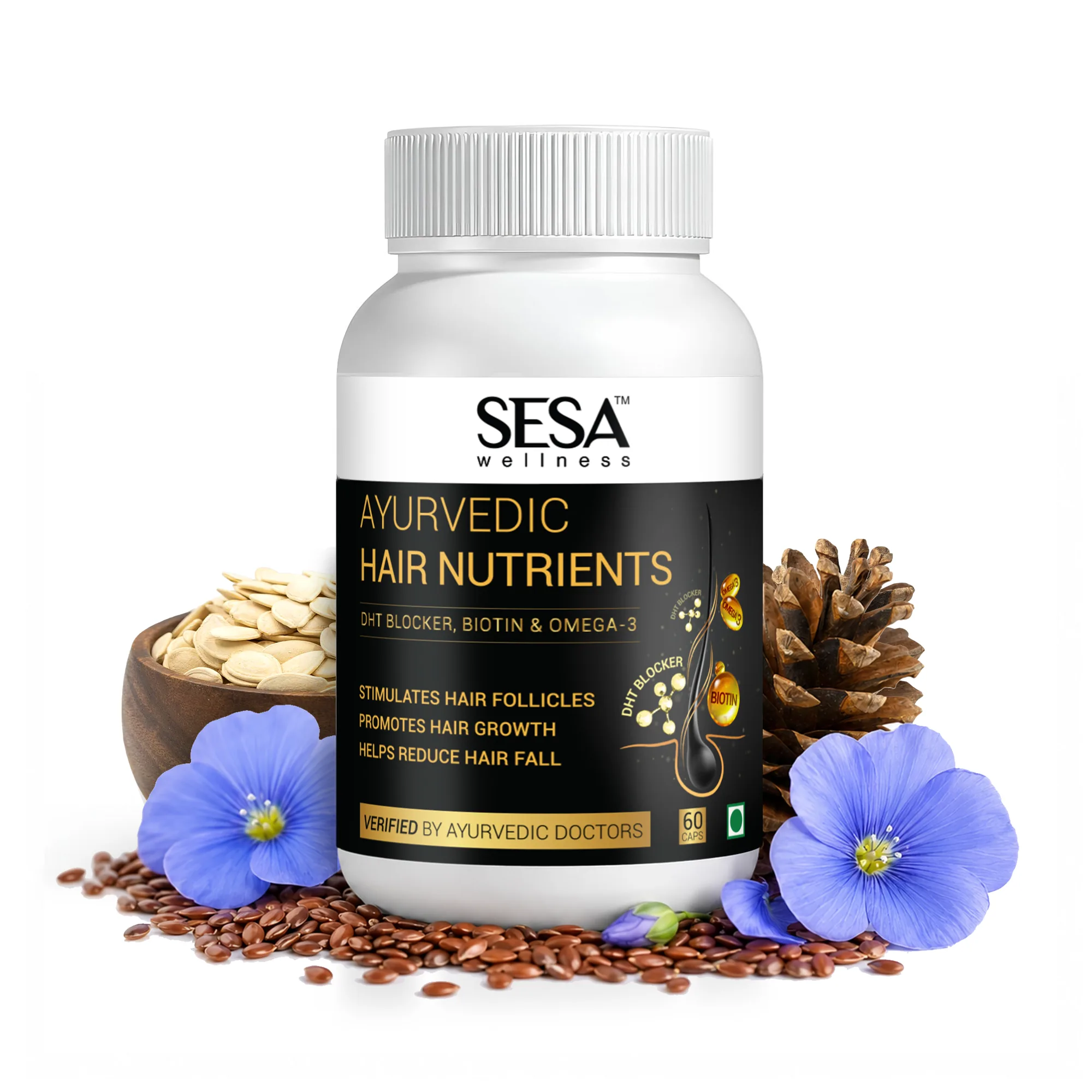 Sesa Ayurvedic Hair Nutrients Capsules | Plant-Based DHT Blocker | Biotin & Omega-3 Hair Fall Control